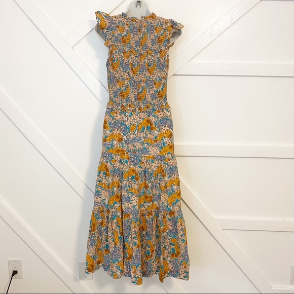 Sea Biarritz Floral Smocked Ruffle Cap Sleeve Tiered Midi Dress Orange Sz 8 - Picture 6 of 13